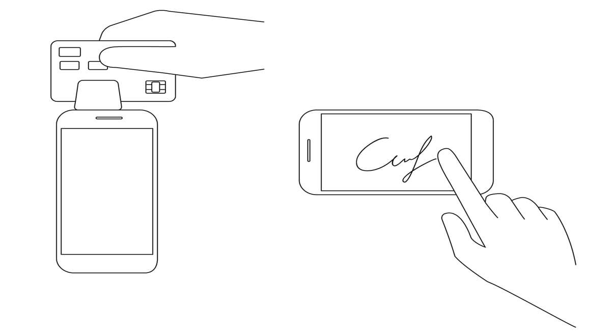 Ilustração de mão assinando em celular enquanto outra csegura celular