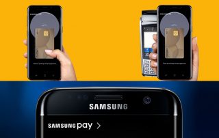 Celular mostrando logomarca Samsung Pay, outro mostrando o app com a máquina de cartão e outro confirmando senha em unco amarelo e azul