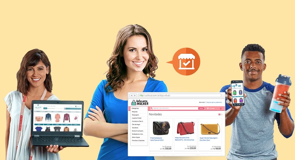 Modelos mostrando loja virtual Uol em laptop e celular