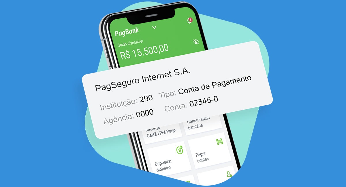 Celular mostrando app PagBank com imagem mostrando detalhes da conta bancária em fundo azul