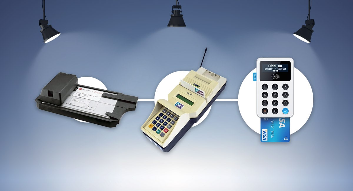 Ilustração com fundo azul de três tipos de terminais de pagamento eletrônico