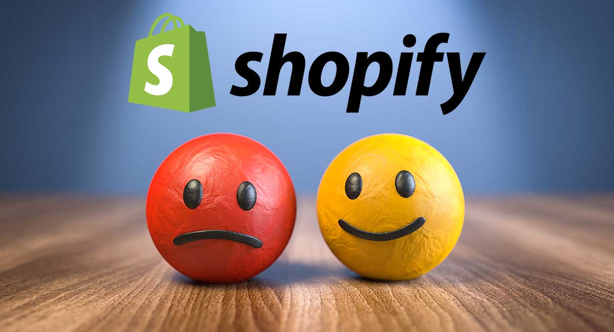 Bola vermelha triste e bola amarela alegre abaixo da logo da Shopify, ilustrando artigo com opnião de cliente da loja virtual