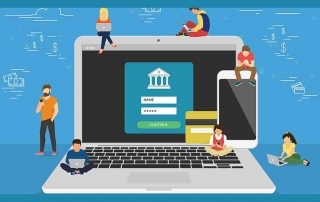 Ilustração de laptop e pessoas fazendo transações via neobank