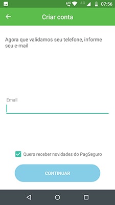 Tela inserção de e-mail da conta digital PagBank
